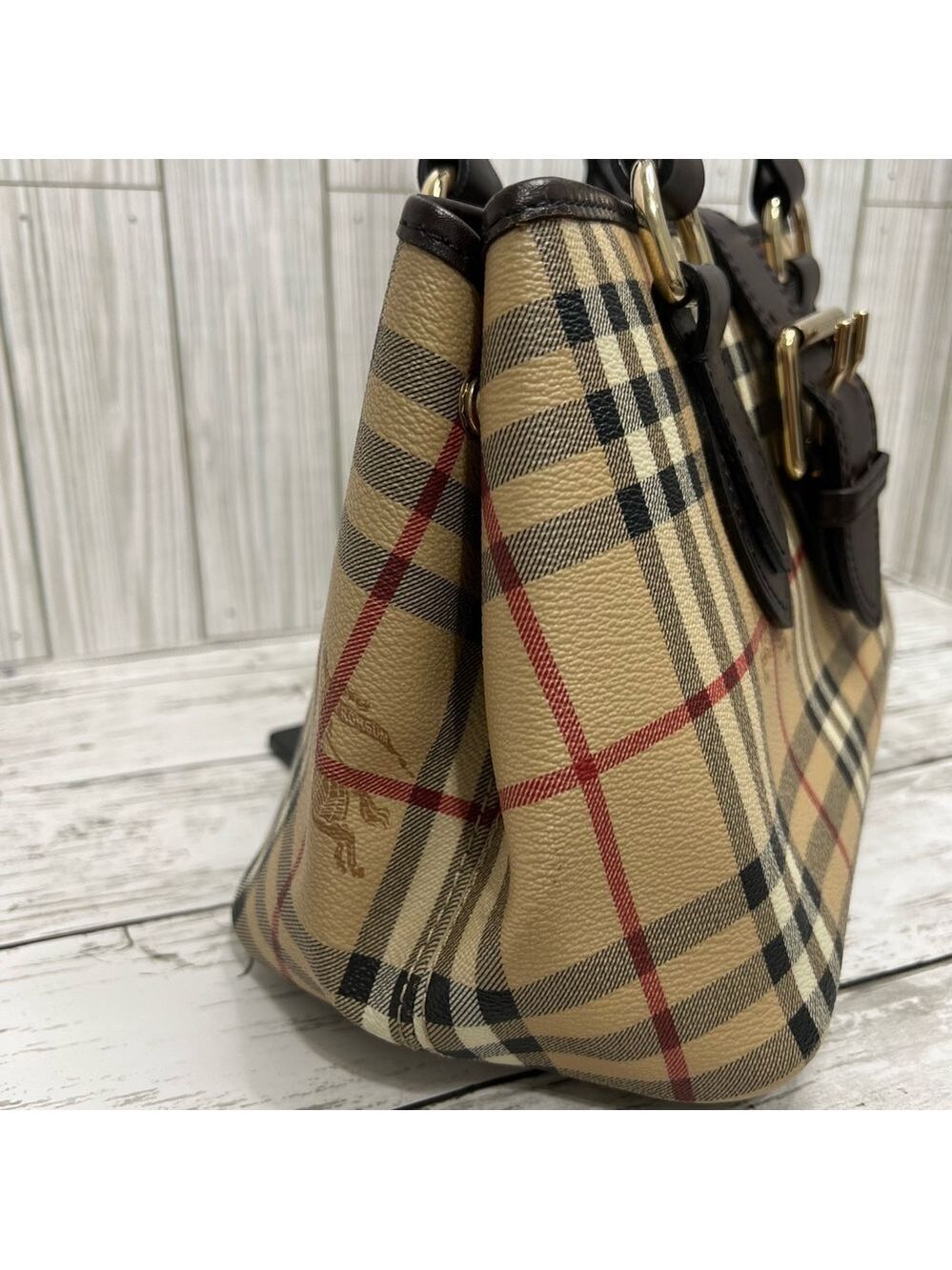 Burberry London Nova Check Tote Bag Brown Leather Plaid Shoulder Purse - Picture 7 of 15